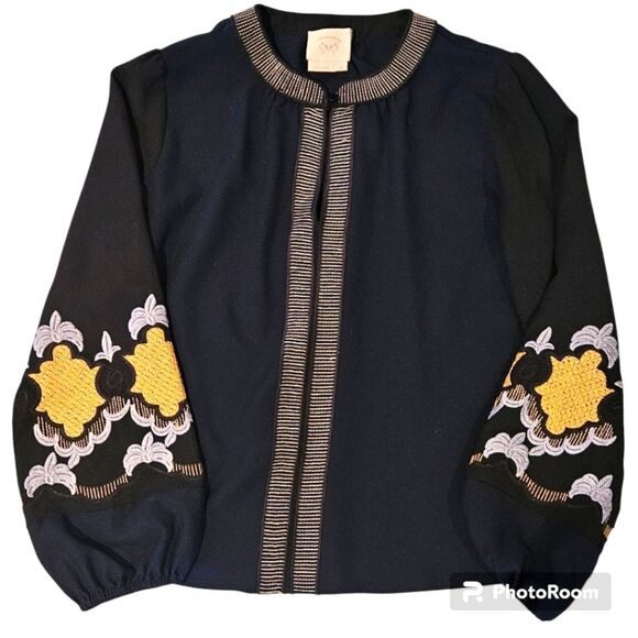 Anthropologie Vanessa Virginia Lucania Embroidered Peasant Boho Blouse Navy - Picture 1 of 5